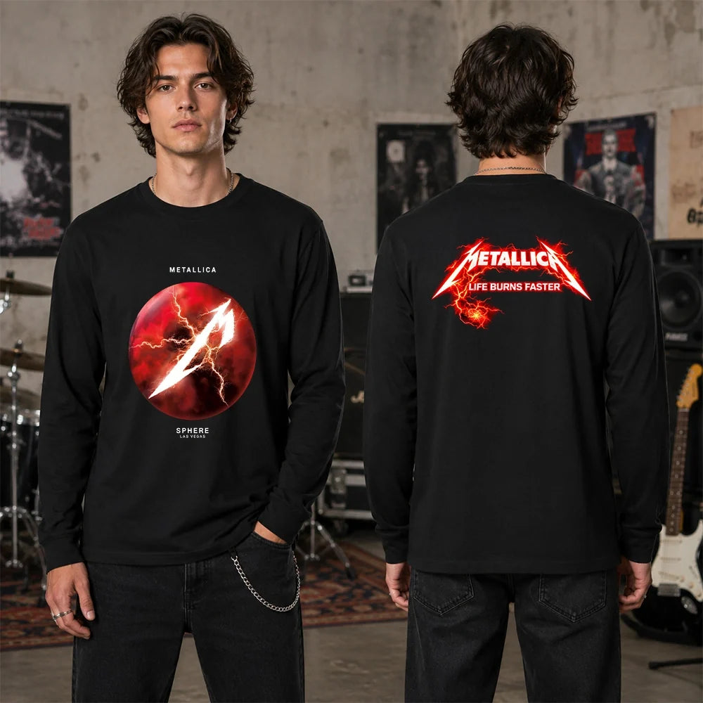 Metallica Life Burns Faster 2026 Sphere Las Vegas United States 2 Side T-Shirt featuring a glowing red Lightning Sphere graphic on the front and electrified Metallica Life Burns Faster logo on the back.